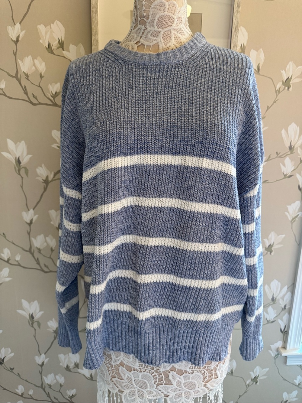Time and Tru Blue and White Striped Crewneck Sweater